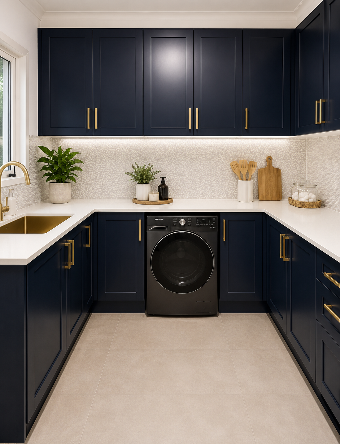modern kitchen with navy cabinetry