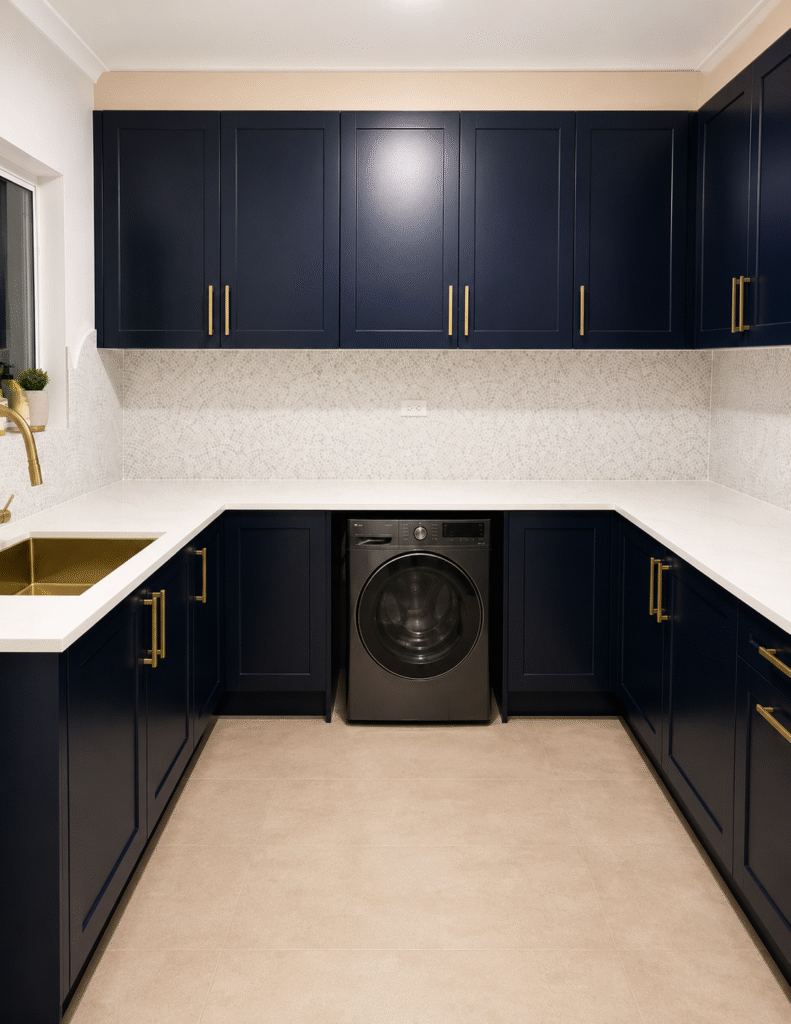 modern navy and gold laundry room