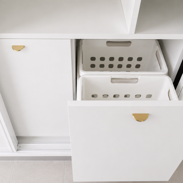 minimalist storage with brass hardware