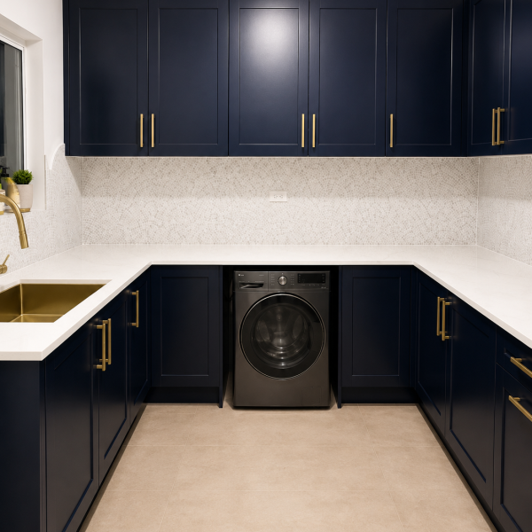 Anderson St Kitchens modern navy and gold laundry room