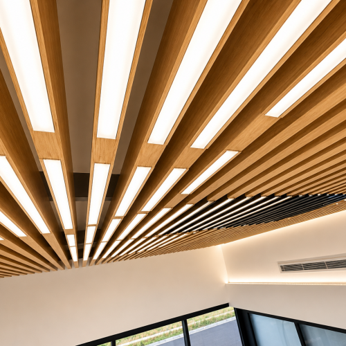 modern office ceiling with wooden slats