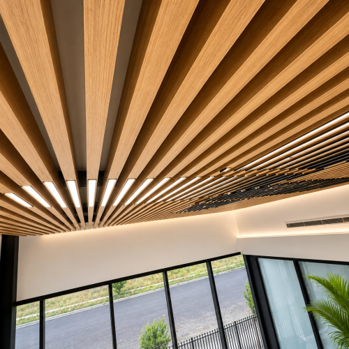 modern office with wooden slatted ceiling