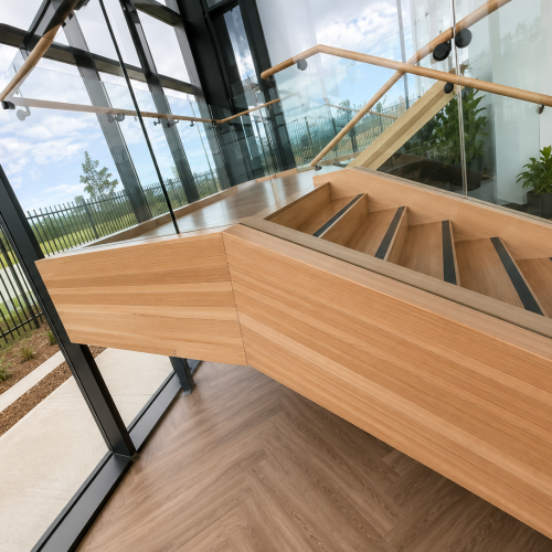 modern wooden staircase at aero health