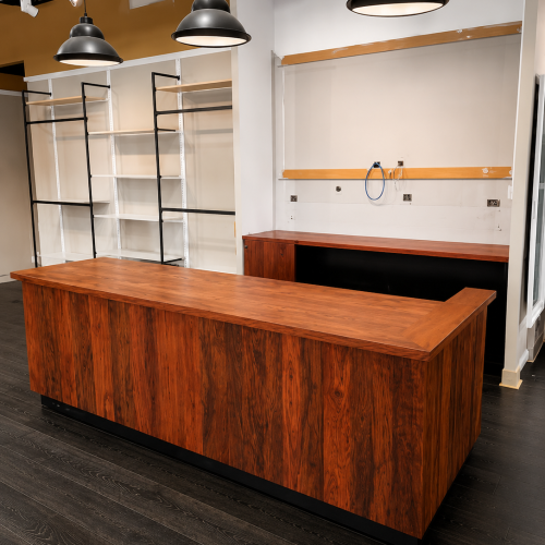 skidman tamworth rustic showroom set up with wood counter