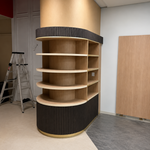 Golden barber Armidale under construction modern shelving unit